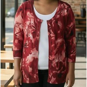 Emma James Floral Cardigan Womens Plus Size 2 Rose Button Front 3/4 Sleeve Pink